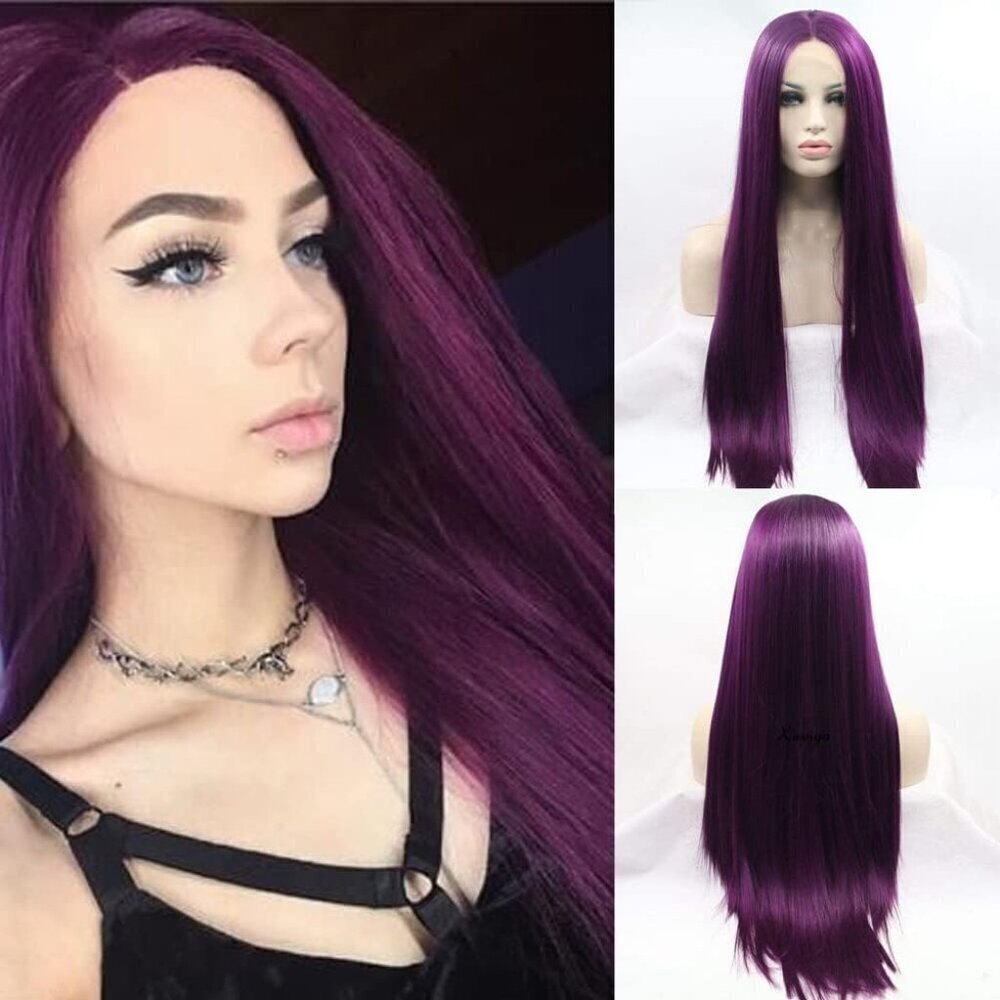 Women Wig Long Silky Straight Bright Purple Free Part Wig for daily use trendy